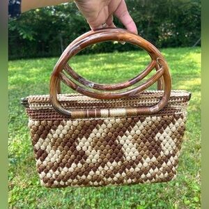 Vintage hand made crochet Beachy wave Brown clutch Hand Bag